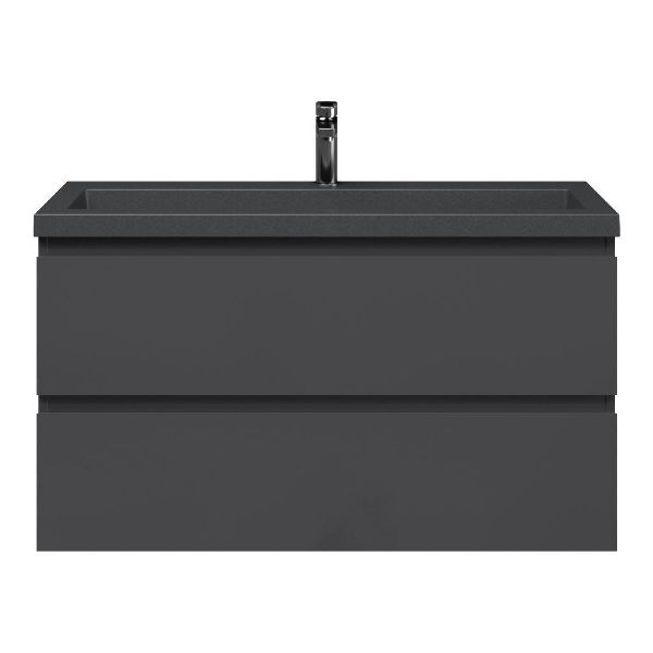Bellanti Secca/Esta-Q ondiep badmeubel 100x36 2 softclose laden antraciet hoogglans greeploos met quartz wastafel mat grijs met 1 kraangat zonder overloop