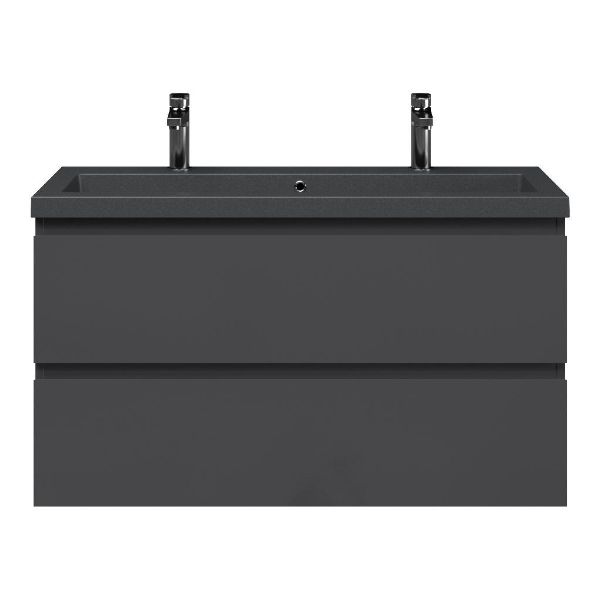 Bellanti Secca/Esta-Q ondiep badmeubel 100x36 2 softclose laden antraciet hoogglans greeploos met quartz wastafel mat grijs met 2 kraangaten met overloop
