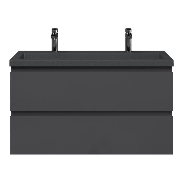 Bellanti Secca/Esta-Q ondiep badmeubel 100x36 2 softclose laden antraciet hoogglans greeploos met quartz wastafel mat grijs met 2 kraangaten zonder overloop