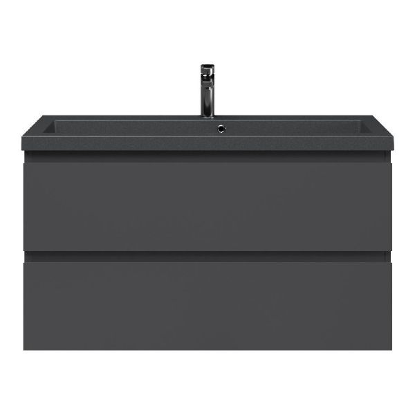 Bellanti Secca/Esta-Q ondiep badmeubel 100x36 2 softclose laden antraciet mat greeploos met quartz wastafel mat grijs met 1 kraangat met overloop
