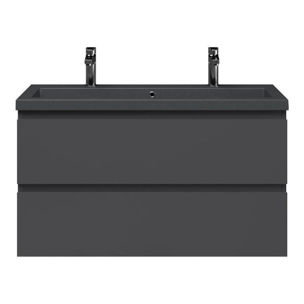Bellanti Secca/Esta-Q ondiep badmeubel 100x36 2 softclose laden antraciet mat greeploos met quartz wastafel mat grijs met 2 kraangaten met overloop