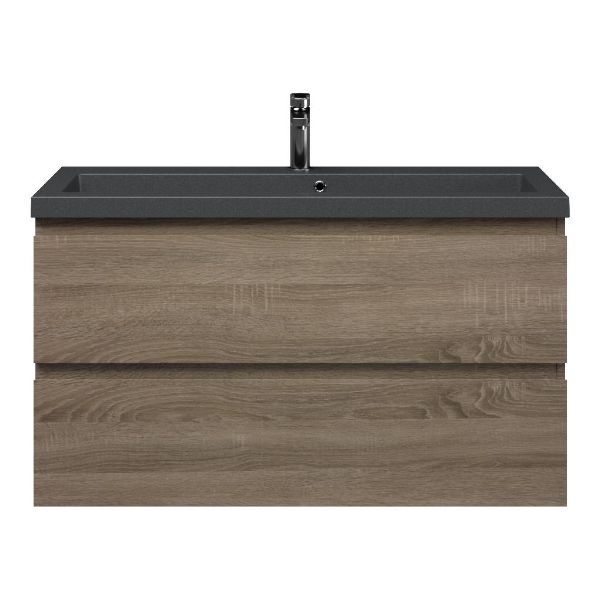Bellanti Secca/Esta-Q ondiep badmeubel 100x36 2 softclose laden donker eiken greeploos met quartz wastafel mat grijs met 1 kraangat met overloop