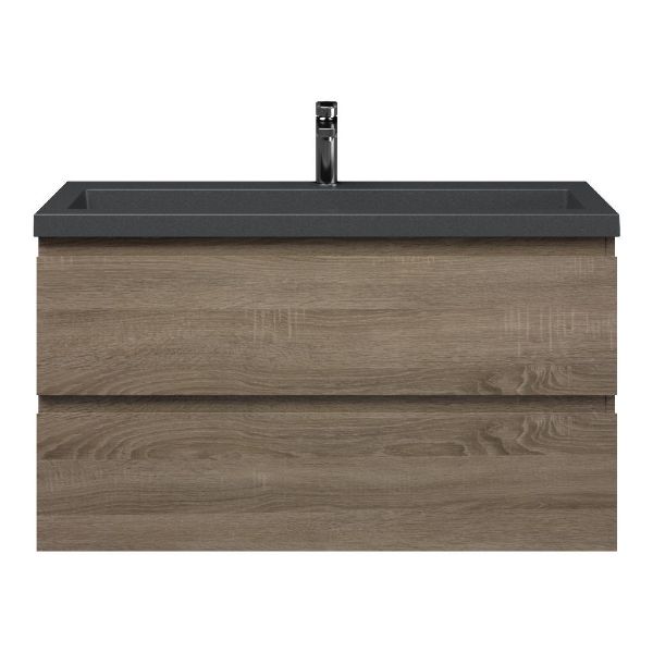 Bellanti Secca/Esta-Q ondiep badmeubel 100x36 2 softclose laden donker eiken greeploos met quartz wastafel mat grijs met 1 kraangat zonder overloop