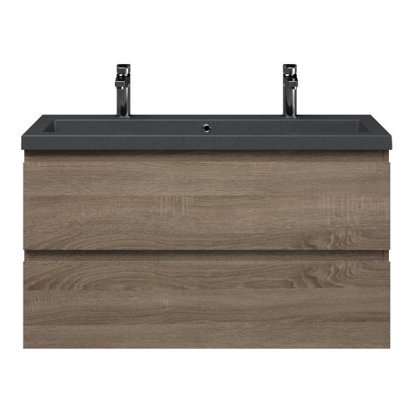 Bellanti Secca/Esta-Q ondiep badmeubel 100x36 2 softclose laden donker eiken greeploos met quartz wastafel mat grijs met 2 kraangaten met overloop