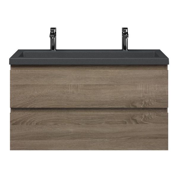 Bellanti Secca/Esta-Q ondiep badmeubel 100x36 2 softclose laden donker eiken greeploos met quartz wastafel mat grijs met 2 kraangaten zonder overloop
