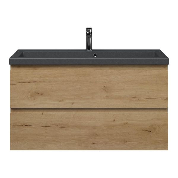 Bellanti Secca/Esta-Q ondiep badmeubel 100x36 2 softclose laden eiken natuur greeploos met quartz wastafel mat grijs met 1 kraangat met overloop