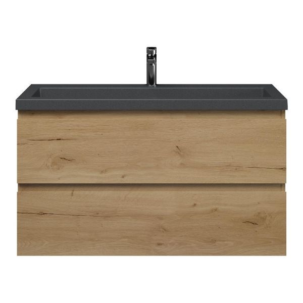 Bellanti Secca/Esta-Q ondiep badmeubel 100x36 2 softclose laden eiken natuur greeploos met quartz wastafel mat grijs met 1 kraangat zonder overloop
