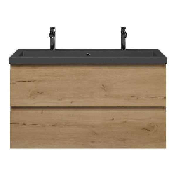 Bellanti Secca/Esta-Q ondiep badmeubel 100x36 2 softclose laden eiken natuur greeploos met quartz wastafel mat grijs met 2 kraangaten met overloop