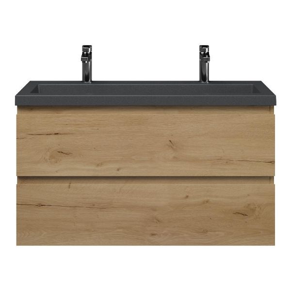 Bellanti Secca/Esta-Q ondiep badmeubel 100x36 2 softclose laden eiken natuur greeploos met quartz wastafel mat grijs met 2 kraangaten zonder overloop