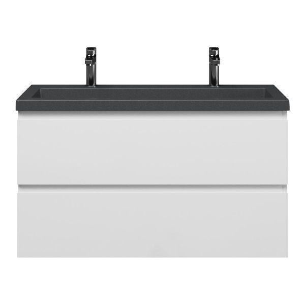 Bellanti Secca/Esta-Q ondiep badmeubel 100x36 2 softclose laden wit hoogglans greeploos met quartz wastafel mat grijs met 2 kraangaten zonder overloop