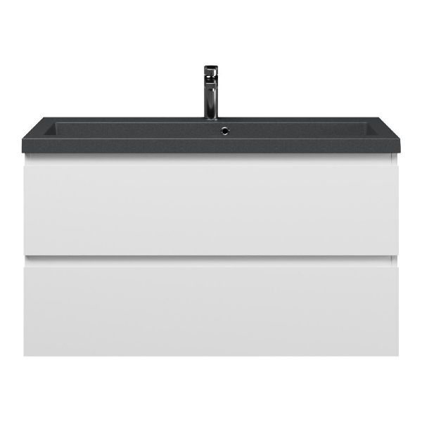 Bellanti Secca/Esta-Q ondiep badmeubel 100x36 2 softclose laden wit mat greeploos met quartz wastafel mat grijs met 1 kraangat met overloop