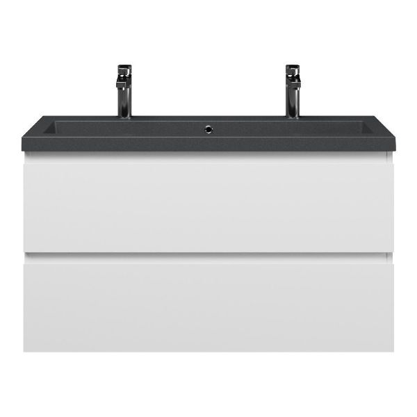 Bellanti Secca/Esta-Q ondiep badmeubel 100x36 2 softclose laden wit mat greeploos met quartz wastafel mat grijs met 2 kraangaten met overloop