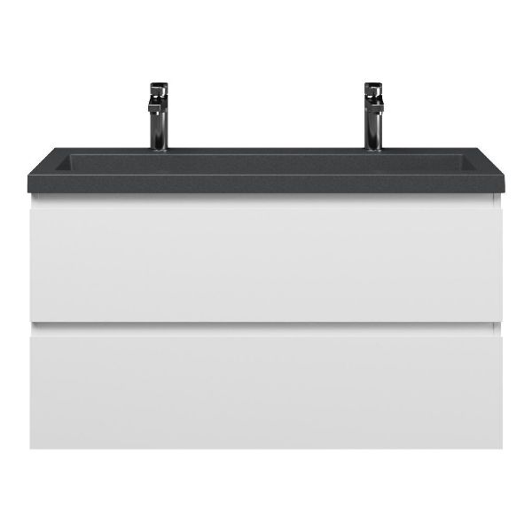 Bellanti Secca/Esta-Q ondiep badmeubel 100x36 2 softclose laden wit mat greeploos met quartz wastafel mat grijs met 2 kraangaten zonder overloop