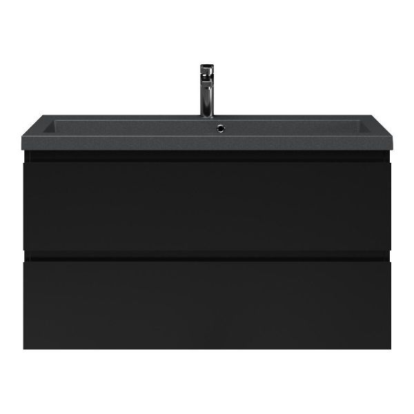Bellanti Secca/Esta-Q ondiep badmeubel 100x36 2 softclose laden zwart mat greeploos met quartz wastafel mat grijs met 1 kraangat met overloop