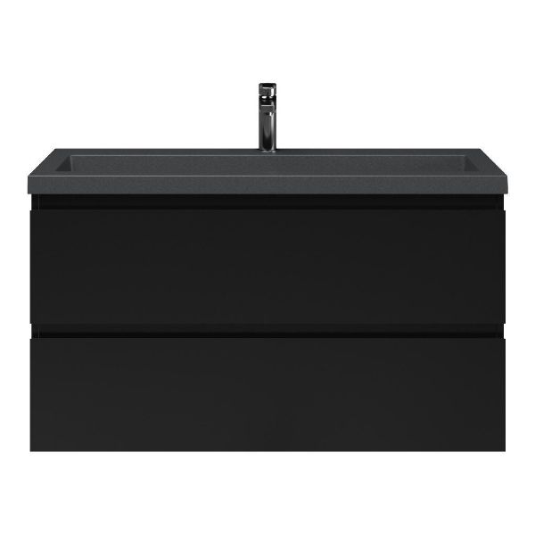 Bellanti Secca/Esta-Q ondiep badmeubel 100x36 2 softclose laden zwart mat greeploos met quartz wastafel mat grijs met 1 kraangat zonder overloop