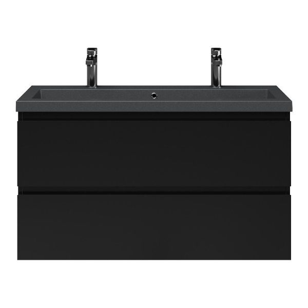 Bellanti Secca/Esta-Q ondiep badmeubel 100x36 2 softclose laden zwart mat greeploos met quartz wastafel mat grijs met 2 kraangaten met overloop