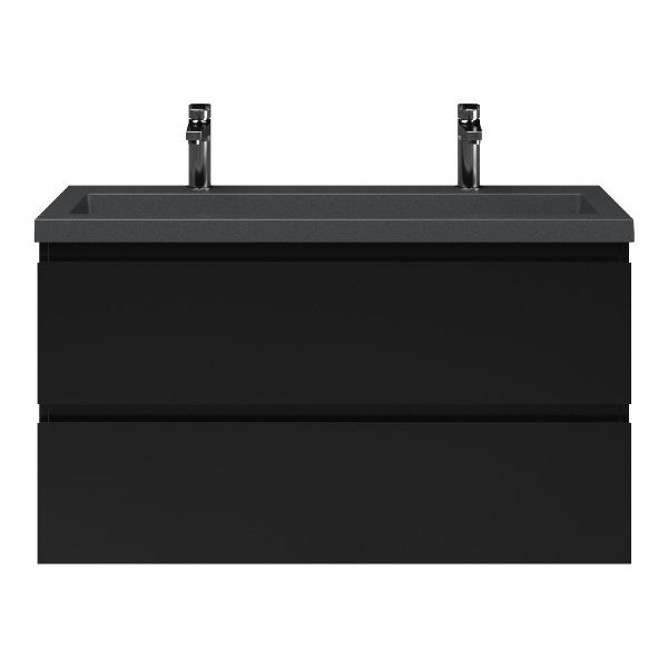 Bellanti Secca/Esta-Q ondiep badmeubel 100x36 2 softclose laden zwart mat greeploos met quartz wastafel mat grijs met 2 kraangaten zonder overloop