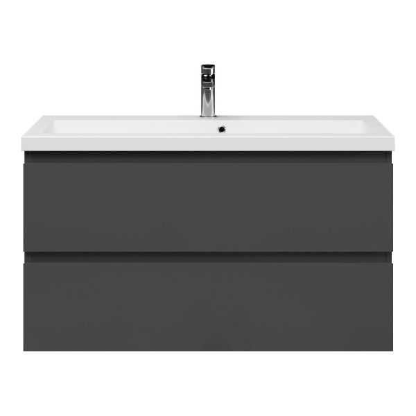 Bellanti Secca/Esta ondiep badmeubel 100x36 2 softclose laden antraciet hoogglans greeploos met polystone wastafel mat wit met 1 kraangat met overloop