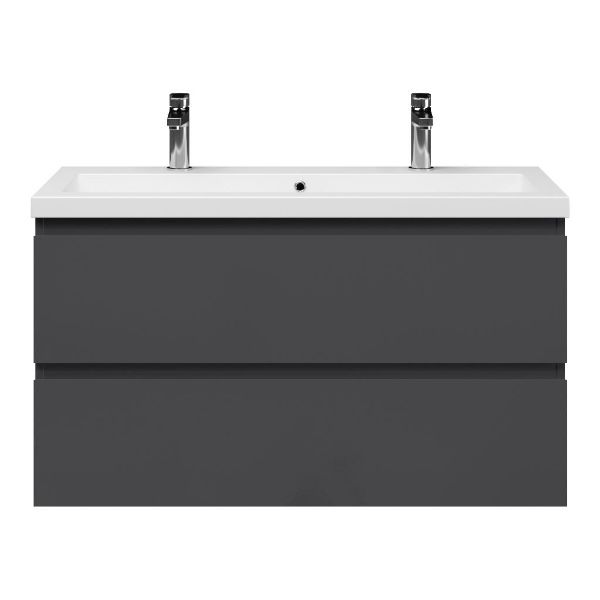 Bellanti Secca/Esta ondiep badmeubel 100x36 2 softclose laden antraciet hoogglans greeploos met wastafel mat wit met 2 kraangaten met overloop