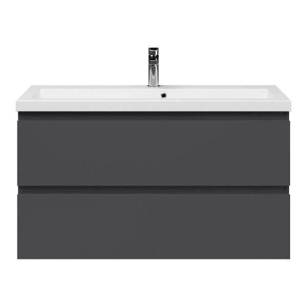 Bellanti Secca/Esta ondiep badmeubel 100x36 2 softclose laden antraciet mat greeploos met polystone wastafel mat wit met 1 kraangat met overloop