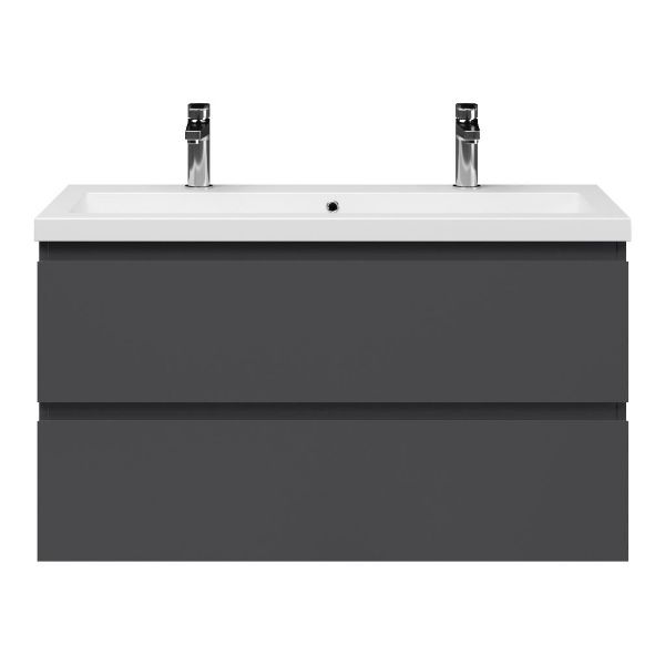 Bellanti Secca/Esta ondiep badmeubel 100x36 2 softclose laden antraciet mat greeploos met wastafel mat wit met 2 kraangaten met overloop