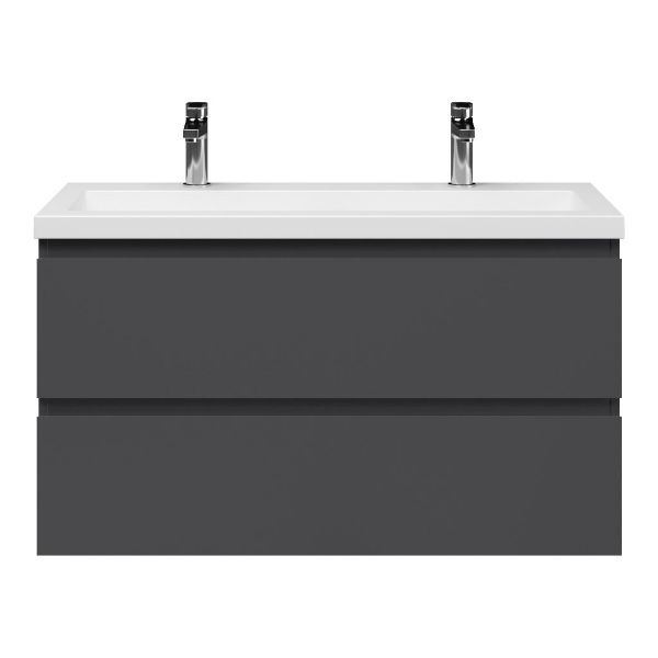 Bellanti Secca/Esta ondiep badmeubel 100x36 2 softclose laden antraciet mat greeploos met wastafel mat wit met 2 kraangaten zonder overloop