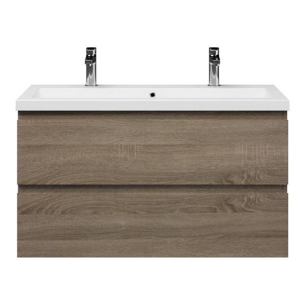 Bellanti Secca/Esta ondiep badmeubel 100x36 2 softclose laden donker eiken greeploos met wastafel mat wit met 2 kraangaten met overloop