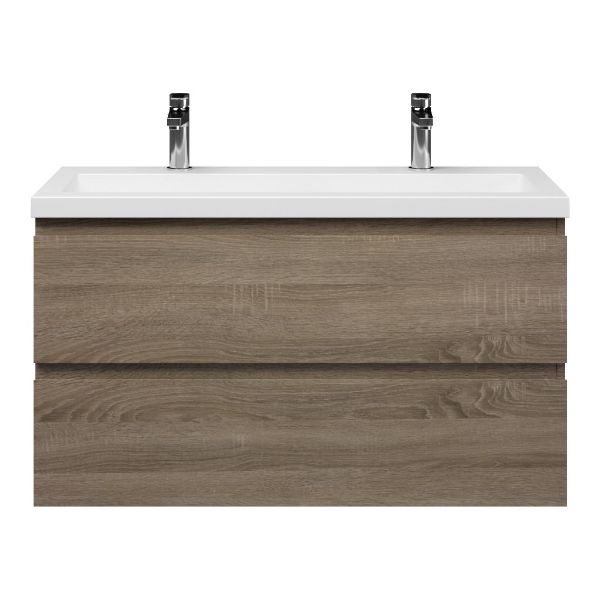 Bellanti Secca/Esta ondiep badmeubel 100x36 2 softclose laden donker eiken greeploos met wastafel mat wit met 2 kraangaten zonder overloop