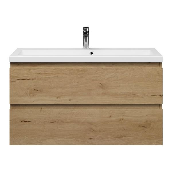 Bellanti Secca/Esta ondiep badmeubel 100x36 2 softclose laden eiken natuur greeploos met polystone wastafel mat wit met 1 kraangat met overloop