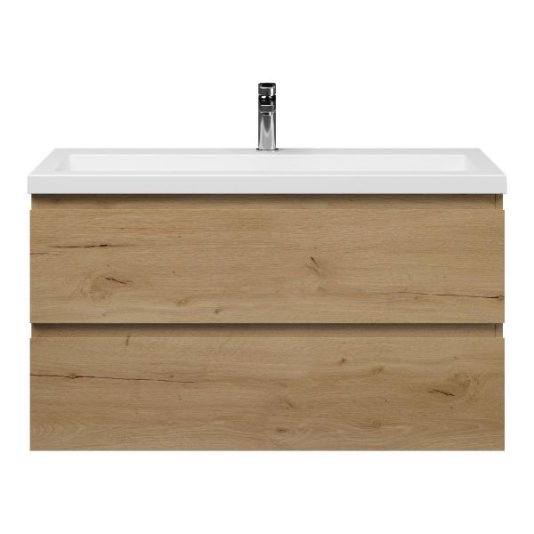 Bellanti Secca/Esta-Q ondiep badmeubel 100x36 2 softclose laden eiken natuur greeploos met quartz wastafel mat wit met 1 kraangat zonder overloop