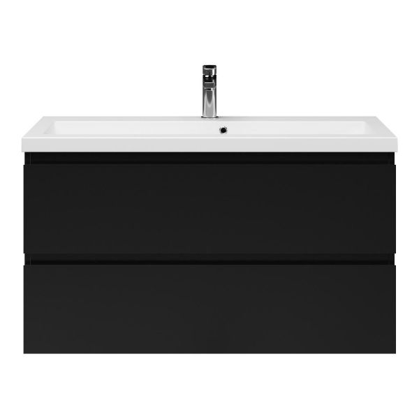 Bellanti Secca/Esta ondiep badmeubel 100x36 2 softclose laden zwart mat greeploos met polystone wastafel mat wit met 1 kraangat met overloop