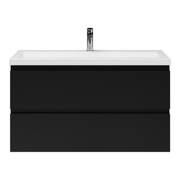 Bellanti Secca/Esta-Q ondiep badmeubel 100x36 2 softclose laden zwart mat greeploos met quartz wastafel mat wit met 1 kraangat zonder overloop