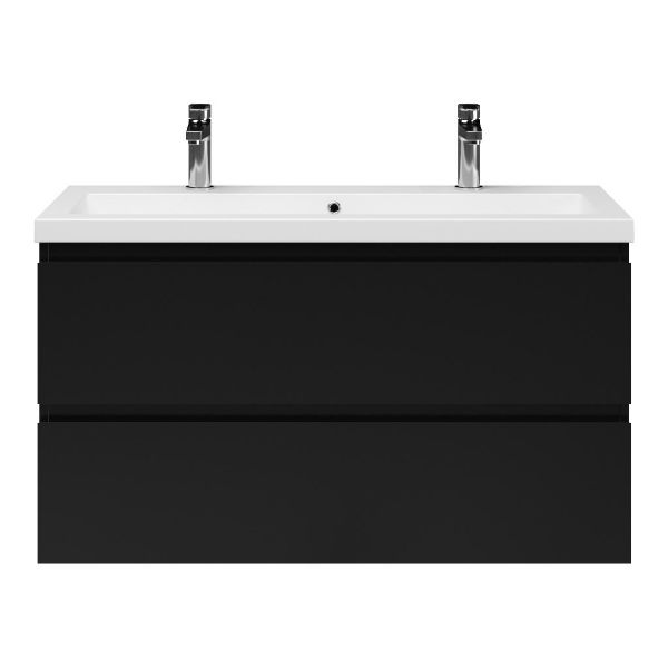Bellanti Secca/Esta ondiep badmeubel 100x36 2 softclose laden zwart mat greeploos met wastafel mat wit met 2 kraangaten met overloop