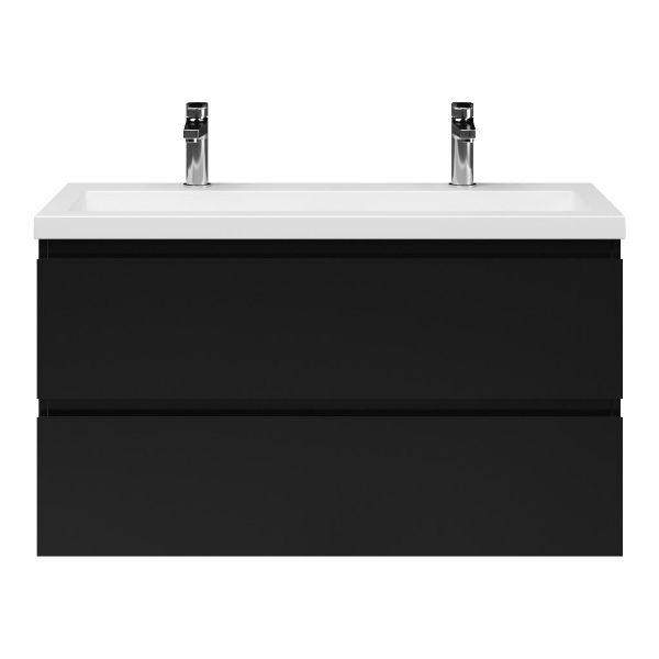 Bellanti Secca/Esta ondiep badmeubel 100x36 2 softclose laden zwart mat greeploos met wastafel mat wit met 2 kraangaten zonder overloop