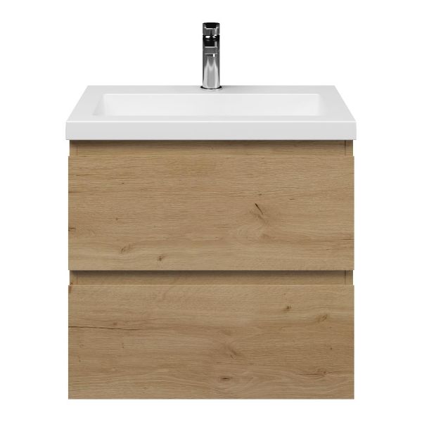 Bellanti Secca/Esta ondiep badmeubel 60x36 2 softclose laden eiken natuur greeploos met polystone wastafel mat wit met 1 kraangat zonder overloop