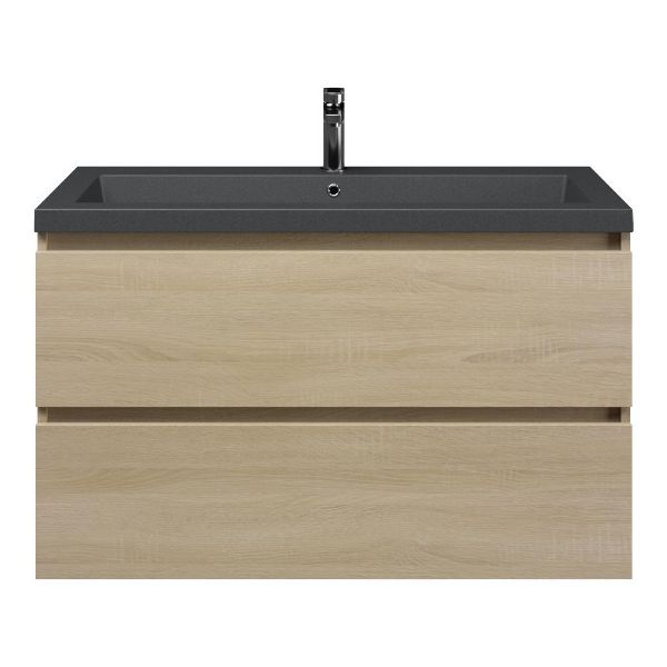 Bellanti Elena/Esta-Q badmeubel 100x46 2 softclose laden eiken licht greeploos quartz wastafel mat grijs zonder kraangat