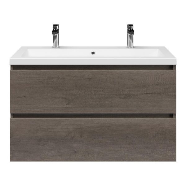 Bellanti Elena/Esta badmeubel 100x46 2 softclose laden olm donker grijs greeploos wastafel polystone mat wit met 2 kraangaten
