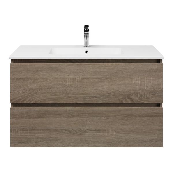 Bellanti Elena/Quadra badmeubel 100x46 2 softclose laden eiken donker greeploos keramische wastafel wit met 1 kraangat