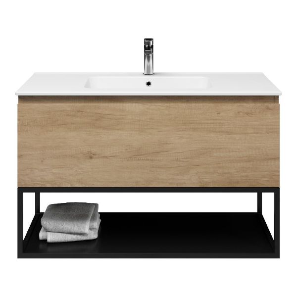 Bellanti Solo/Tela/Quadra badmeubel 100x46 1 softclose lade olm greeploos keramische wastafel wit met 1 kraangat met mat zwart metalen frame