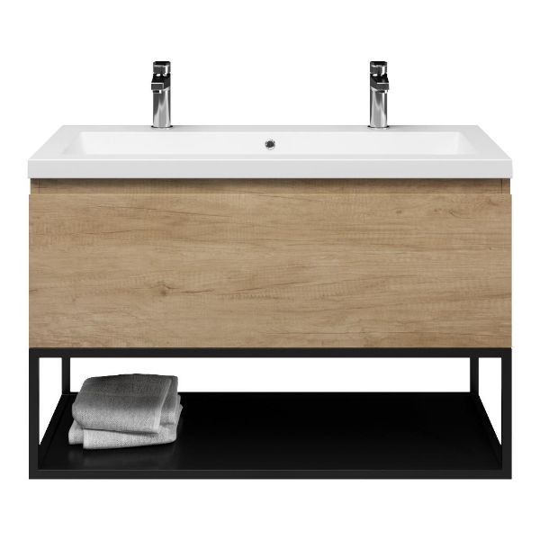 Bellanti Solo/Tela/Esta-Q badmeubel 100x46 1 softclose lade olm greeploos wastafel mat wit met 2 kraangaten met mat zwart metalen frame