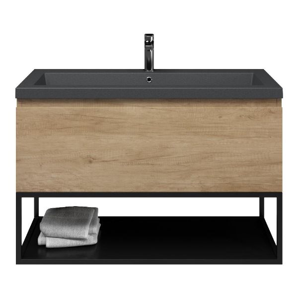 Bellanti Solo/Tela/Esta-Q badmeubel 100x46 1 softclose lade olm greeploos quartz wastafel mat grijs met 1 kraangat met mat zwart metalen frame