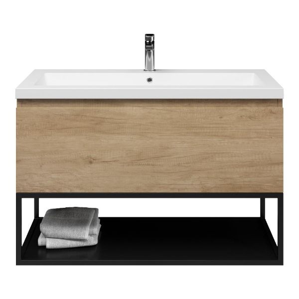Bellanti Solo/Tela/Esta badmeubel 100x46 1 softclose lade olm greeploos polystone wastafel mat wit met 1 kraangat met mat zwart metalen frame
