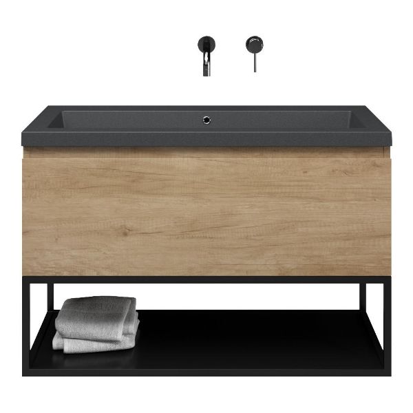 Bellanti Solo/Tela/Esta-Q badmeubel 100x46 1 softclose lade olm greeploos quartz wastafel mat grijs zonder kraangat met mat zwart metalen frame