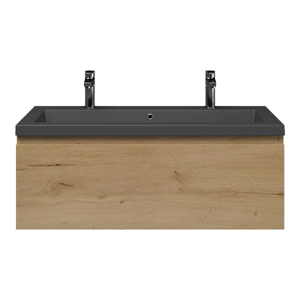 Bellanti Solo/Esta-Q badmeubel 100x46 1 softclose lade eiken natuur greeploos quartz wastafel mat grijs met 2 kraangaten