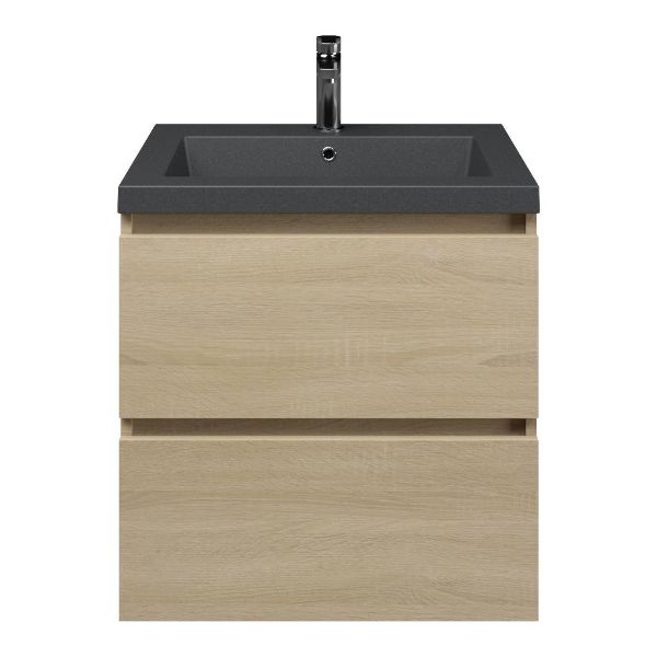 Bellanti Elena/Esta-Q badmeubel 60x46 2 softclose laden eiken licht greeploos quartz wastafel mat grijs met 1 kraangat