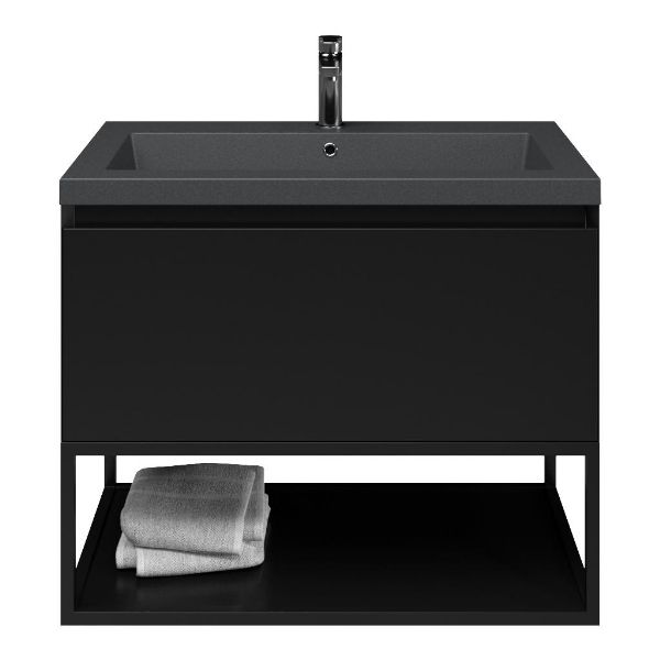 Bellanti Solo/Tela/Esta badmeubel 80x46 1 softclose lade zwart mat greeploos polystone wastafel mat grijs met 1 kraangat met mat zwart metalen frame
