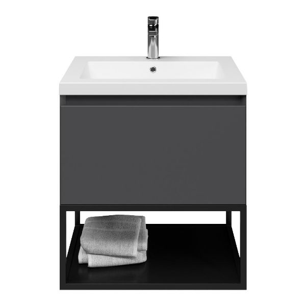 Bellanti Solo/Tela/Esta badmeubel 60x46 1 softclose lade antraciet mat greeploos polystone wastafel mat wit met 1 kraangat met mat zwart metalen frame