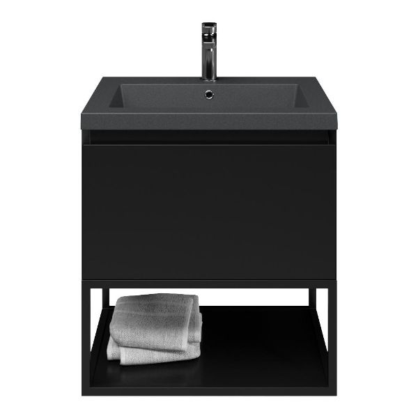 Bellanti Solo/Tela/Esta-Q badmeubel 60x46 1 softclose lade zwart mat greeploos quartz wastafel mat grijs met 1 kraangat met mat zwart metalen frame