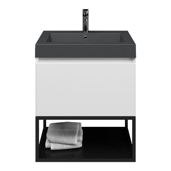 Bellanti Solo/Tela/Esta badmeubel 60x46 1 softclose lade wit hoogglans greeploos quartz wastafel mat grijs met 1 kraangat met mat zwart metalen frame