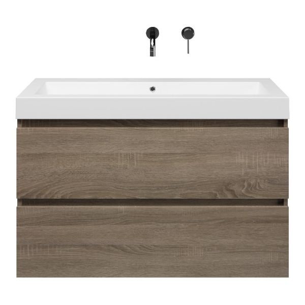Bellanti Elena/Esta-Q badmeubel 100x46 2 softclose laden eiken donker greeploos quartz wastafel mat wit zonder kraangaten
